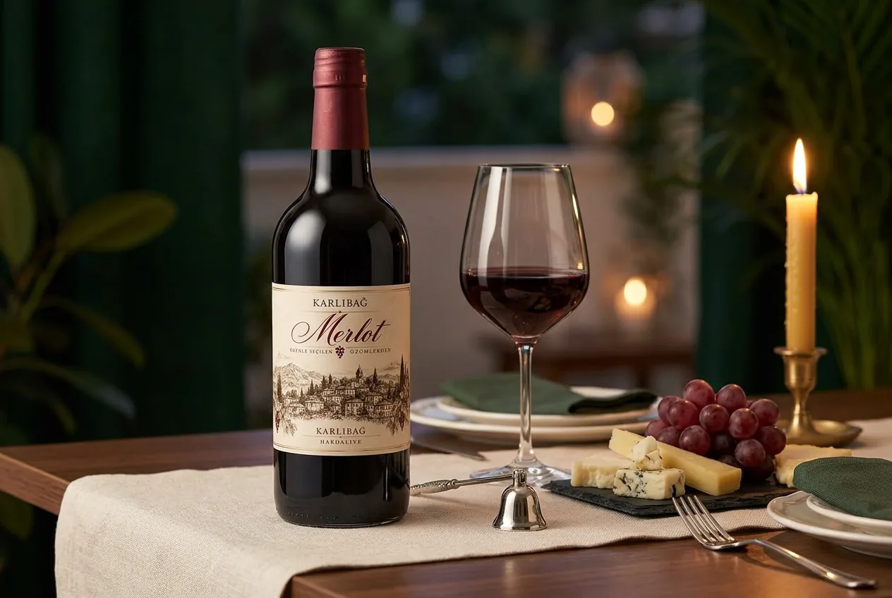 Karlıbağ Merlot şişesi, kadeh ve peynir tabağıyla akşam sofrası