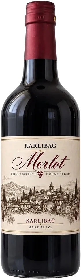 Krem zemin üzerinde 0Alkol Karlıbağ Merlot alkolsüz içecek şişesi